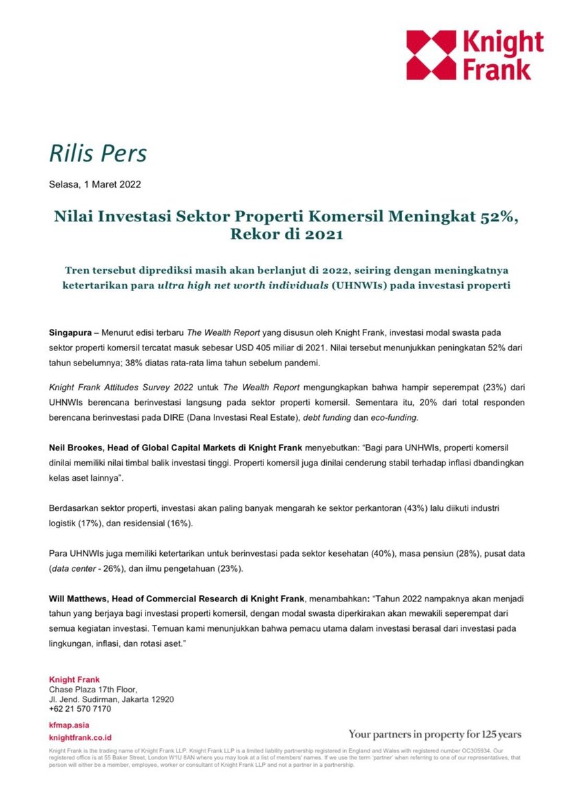 Rilis Pers- The Wealth Report: Nilai Investasi Sektor Properti Komersil Meningkat 52%, Rekor di 2021 | KF Map – Digital Map for Property and Infrastructure in Indonesia